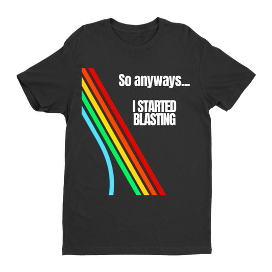 Arc Raiders “So Anyways… I Started Blastin” Retro Rainbow Tee – Premium Fitted Crew
